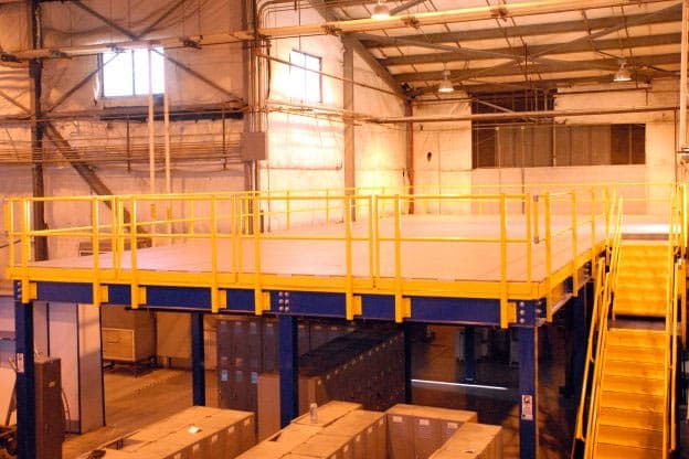A mezzanine floor being used for storage